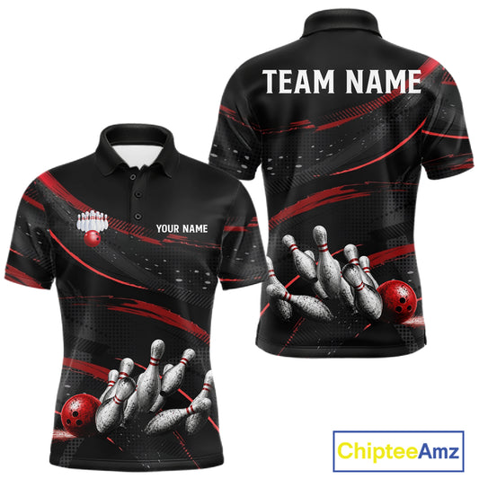 Black And Red Grunge Bowling Ball & Pins Jersey For Men Personalized Team Bowling Shirts NYN3227