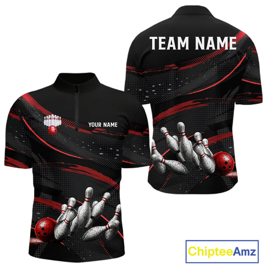 Black And Red Grunge Bowling Ball & Pins Jersey For Men Personalized Team Bowling Shirts NYN3227