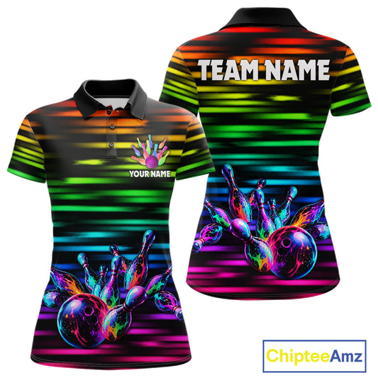 Colorful Splatter Paint Bowling Shirt For Women Custom Rainbow Strike Lightning Team Bowling Attire NYN3229
