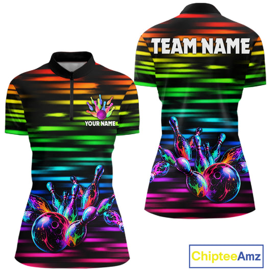 Colorful Splatter Paint Bowling Shirt For Women Custom Rainbow Strike Lightning Team Bowling Attire NYN3229