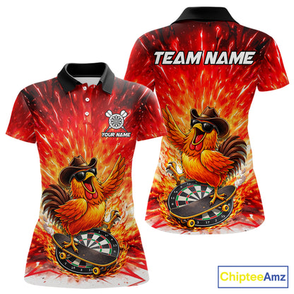 Womens Darts Funny Rooster Red Flames Polo Shirt Custom Name Polo Quarter Zip Shirt Gift For Darters NYN2857
