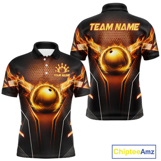 Custom Fire Flame Bowling Jerseys For Men, Personalized Bowling Pin & Ball Team Shirts | Yellow NYN3069