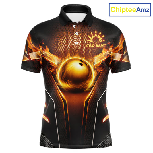 Custom Fire Flame Bowling Jerseys For Men, Personalized Bowling Pin & Ball Team Shirts | Yellow NYN3069
