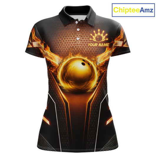 Custom Fire Flame Bowling Jerseys For Women, Personalized Bowling Pin & Ball Team Shirts | Yellow NYN3069
