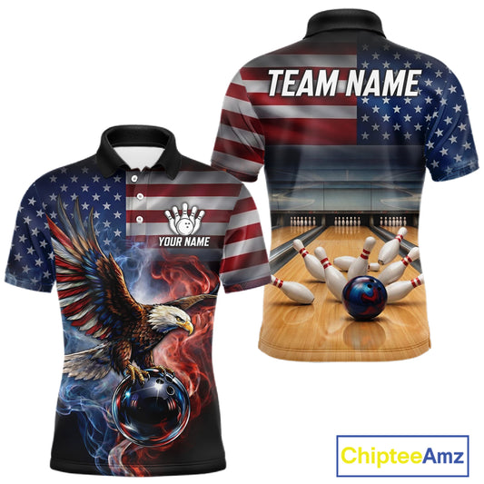 Personalized Fire Flame USA Flag Eagle Bowling Team Shirts For Men Outfits Patriotic Bowling Gifts NYN3073