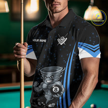 Load image into Gallery viewer, Male pool player wearing Funny Muscle Tornado 8 Ball blue billiard jersey during league competition and cue sports event