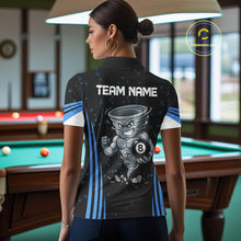 Load image into Gallery viewer, Female pool player wearing Funny Muscle Tornado 8 Ball blue billiard jersey during league competition and cue sports event
