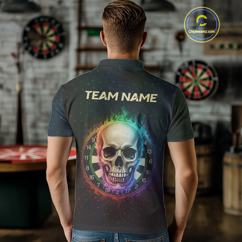 Custom Flames Skull Rainbow Dartboard Dart Men Polo Jerseys Colorful Dart Team Shirt NYN1697