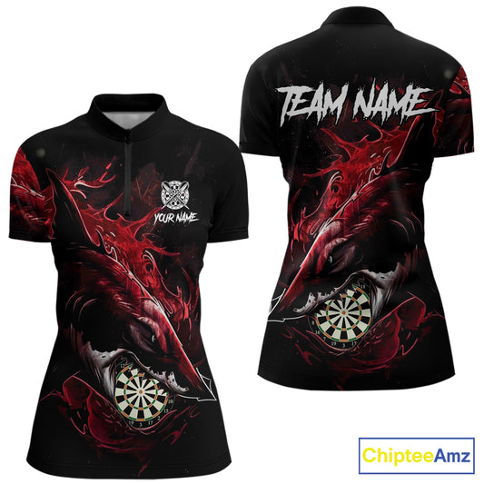 Personalized Red Horror Shark Women Darts Quarter-Zip League Shirts Funny Grunge Dart Jerseys NYN2219