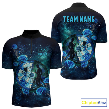 Blue Galaxy Roses Groom & Bride Dartboard Men Darts Quarter-zip Shirt Custom Valentine Dart Couple Gifts NYN2516
