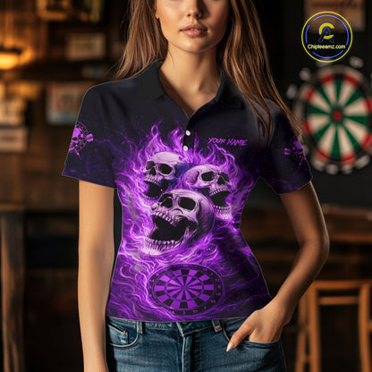 Purple Skulls Fire Flame Dartboard Darts Polo Shirt For Women Personalized Dart Team Jerseys NYN2517