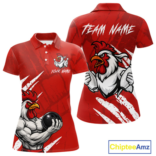 Custom White And Red Funny Rooster Bowling Polo & 1/4-Zip Team Shirts For Women Bowling Gifts NYN2721