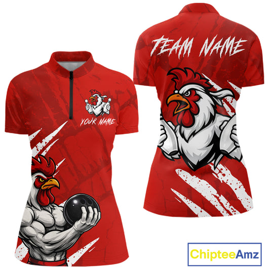 Custom White And Red Funny Rooster Bowling Polo & 1/4-Zip Team Shirts For Women Bowling Gifts NYN2721