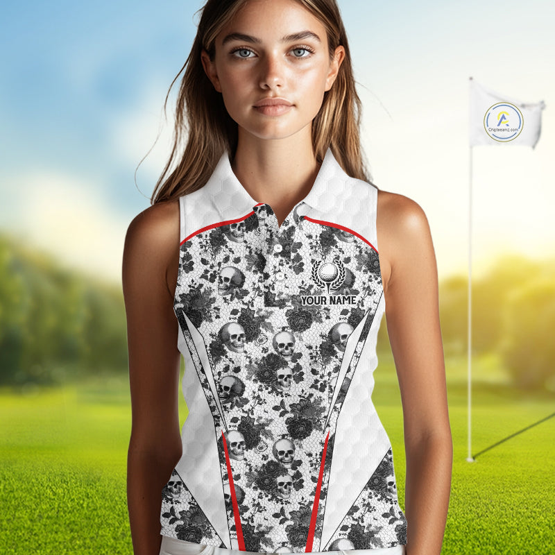 Black And White Skull Roses Golf Sleeveless Polo Shirts For Women Custom Golf Team Attire For Golfers NYN3256
