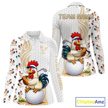 Funny Rooster Women's Golf Polo Shirt mockup featuring rooster mascot design, personalized women's golf polo, farmhouse golf apparel, custom golf team clothing, funny golf outfit, breathable performance golf shirt, golf lover gift.
