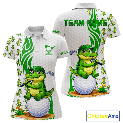 Funny Alligator Women's Golf Polo Shirt mockup featuring alligator mascot, personalized women's golf apparel, wildlife golf clothing, custom golf team polo, Florida golf fashion, performance golf tournament shirt.
