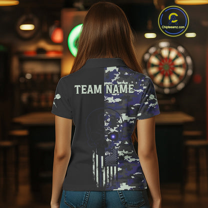 Black And Blue US Flag Digital Camo Skull Custom Men Darts Polo Shirt Dart Gifts NYN1985