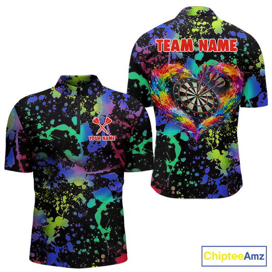 Heart Colorful Splatter Dartboard Men Darts Quarter-zip Shirt Custom Valentine Dart Couple Jerseys NYN2526