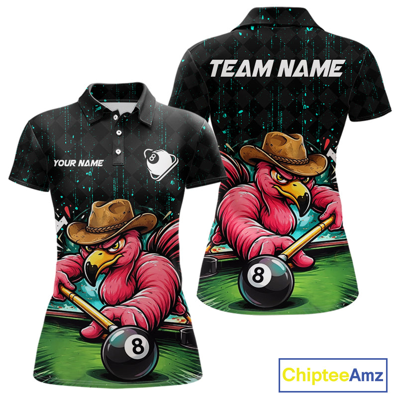 Funny Flamingo Play 8 Ball Pool Billiard Shirt For Women Custom Teal Splatter Billiard Pool Team Shirt NYN3093