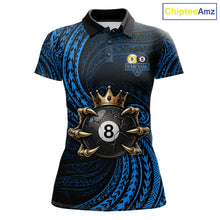 Load image into Gallery viewer, Blue Tribal Skull Crown women's billiard polo shirt custom 8 ball 9 ball pool jersey, personalized billiards team apparel