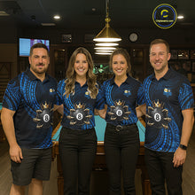 Load image into Gallery viewer, Men women billiard team wearing Blue Tribal Skull Crown custom pool uniforms, personalized 8 ball 9 ball jerseys