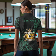 Load image into Gallery viewer, Female billiards player wearing Green Tribal Skull Crown pool jersey during APA and BCA competition