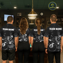 Load image into Gallery viewer, Men women billiard team wearing Grim Reaper Plays 8 Ball custom grunge pool uniforms, professional billiard jerseys