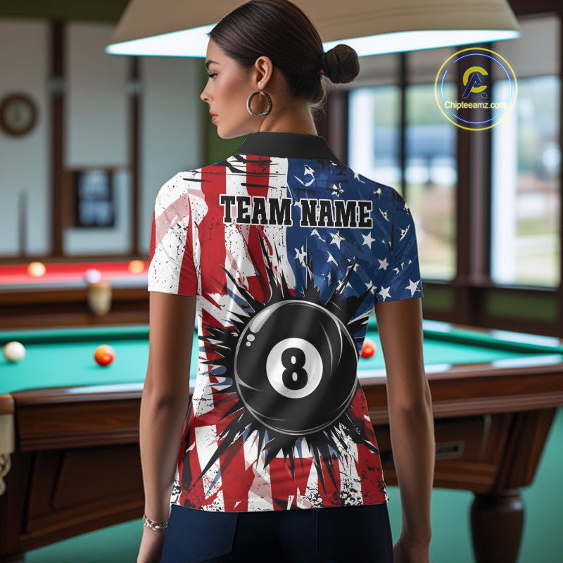 Female pool player wearing American Flag Strikes 8 Ball patriotic billiard jersey during league and tournament play