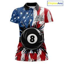 Load image into Gallery viewer, American Flag Strikes 8 Ball women's billiard polo shirt custom patriotic pool jersey, personalized USA billiards team apparel