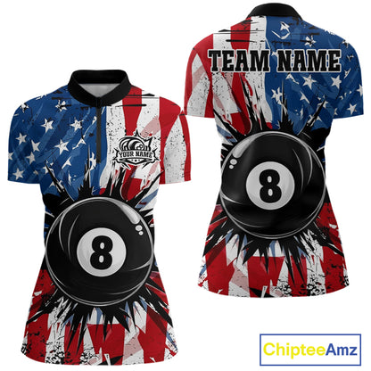 American Flag Strikes 8 Ball women's quarter zip billiard shirt custom patriotic team jersey, professional cue sports uniform