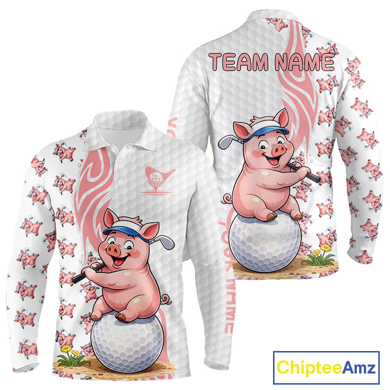 Funny Pig Polo Shirt Mens Golf Polo Shirts Custom Golfing Pig White Golf Pattern Golf Shirts NYN2883