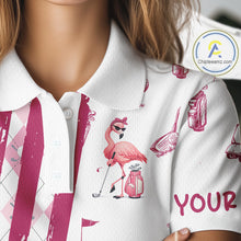 Load image into Gallery viewer, Custom Funny Flamingo Womens Golf Shirt Polo, Pink Paint Argyle Pattern Golf Team Outfits For Ladies NYN3095