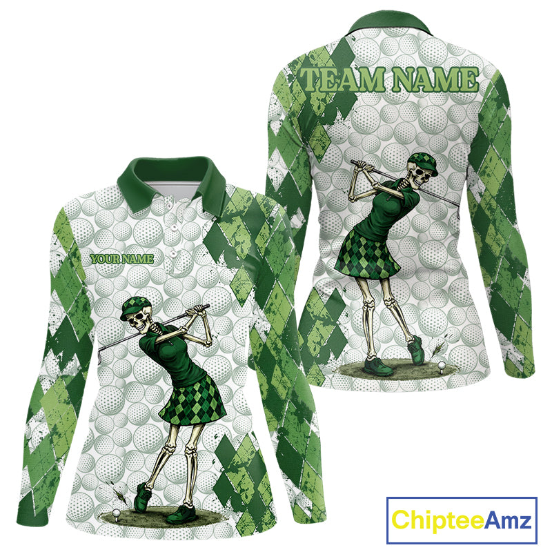 Funny Womens Golf Polo Shirt Custom Green Argyle Pattern Golf Ball Personalized Skull Golf Shirts NYN3100
