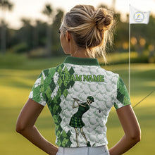 Load image into Gallery viewer, Funny Womens Golf Polo Shirt Custom Green Argyle Pattern Golf Ball Personalized Skull Golf Shirts NYN3100