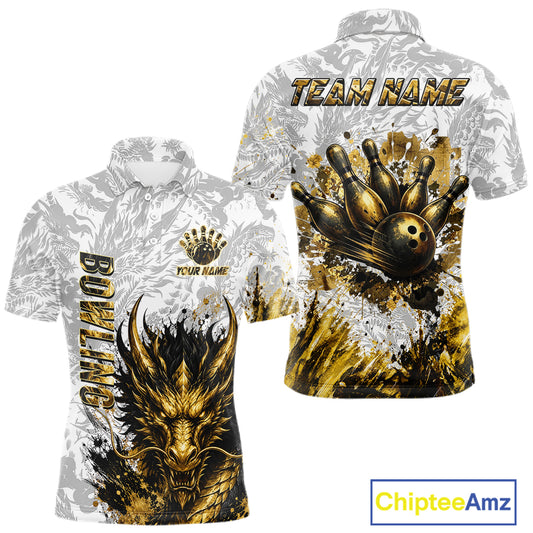 Splatter Black & Gold Bowling Polo & 1/4-Zip Shirt For Men Custom Gray Dragon Bowling Team Jersey NYN3269