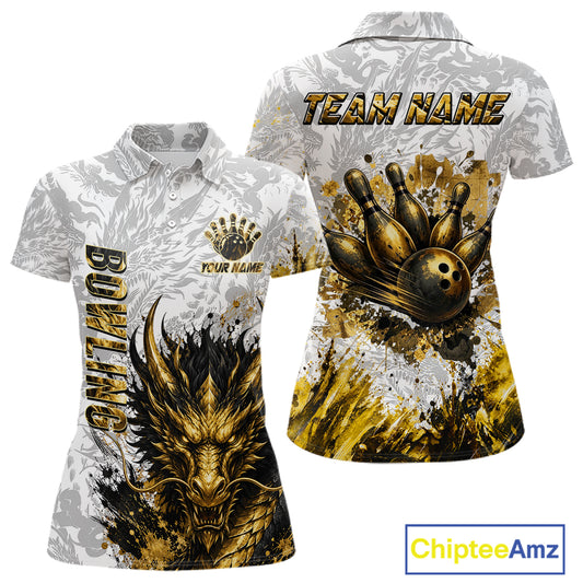 Splatter Black & Gold Bowling Polo & 1/4-Zip Shirt For Women Custom Gray Dragon Bowling Team Jersey NYN3269