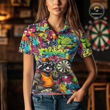 Load image into Gallery viewer, Female darts player wearing Cool Raccoon Dartboard Graffiti jersey during league and tournament matches