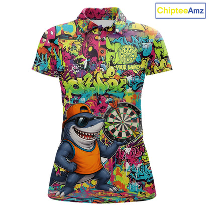Cool Shark Dartboard Graffiti women's darts polo shirt, custom funny shark dart jersey, personalized dart team uniform