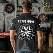 Load image into Gallery viewer, Male darts player wearing Black White Dartboard jersey during dart league and tournament competition
