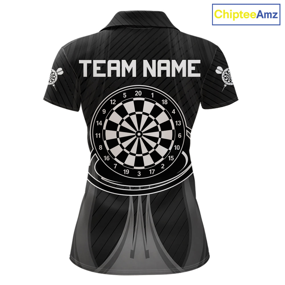 Black White Dartboard women's darts polo shirt, custom dart team jersey, personalized dartboard uniform, tournament darts apparel