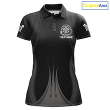 Load image into Gallery viewer, Black White Dartboard women's darts polo shirt, custom dart team jersey, personalized dartboard uniform, tournament darts apparel