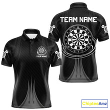 Load image into Gallery viewer, Black White Dartboard men's darts polo shirt, custom dart team jersey, personalized dartboard uniform, tournament darts apparel