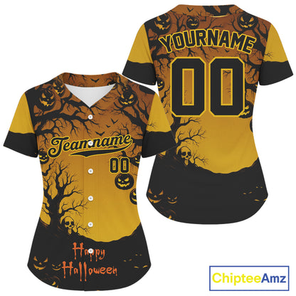 Custom Yellow Creepy Baseball Halloween Shirt For Women Happy Halloween Baseball Jerseys NYN1472