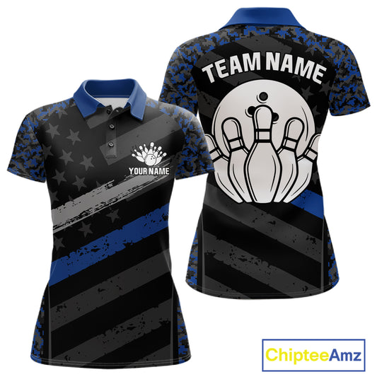 Grey Blue American Flag Women's Bowling Polo Shirt, Personalized Patriotic Bowling Team Jersey, Camo Performance Shirt, Bowling League Apparel, Veteran Tribute, Freedom & Unity