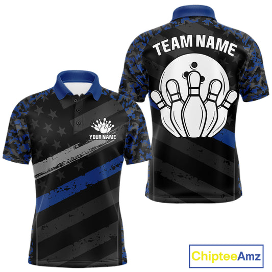 Grey Blue American Flag Men's Bowling Polo Shirt, Personalized Patriotic Bowling Team Jersey, Camouflage Performance Apparel, League Tournament Uniform