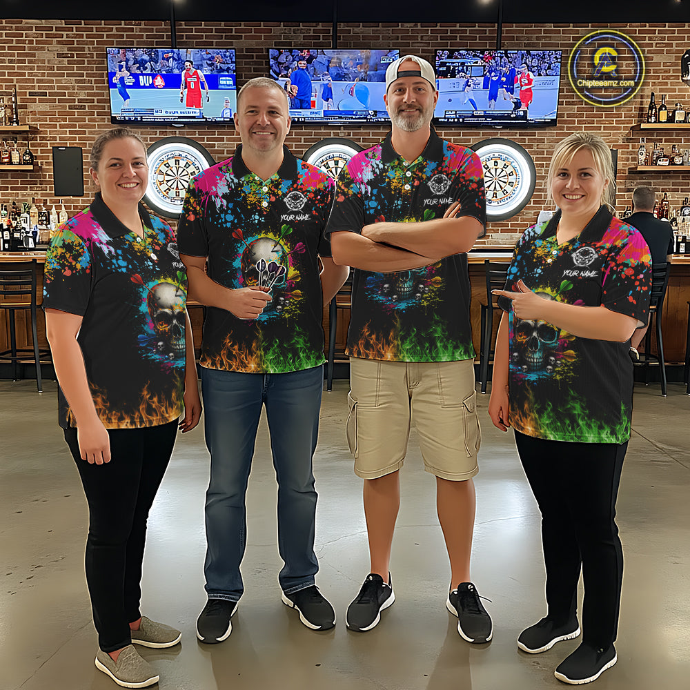 Custom Colorful Skull Dart Arrow Fire Flame Men Darts Polo League Shirts Dart Jerseys NYN2242