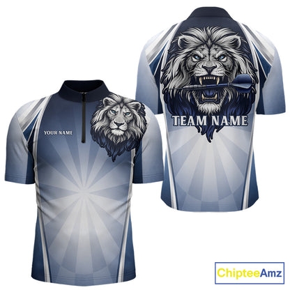 Personalized Blue And Silver Funny Lion Darts Shirt Lion Darts Polo & 1/4-Zip For Men Darts Gifts NYN2899