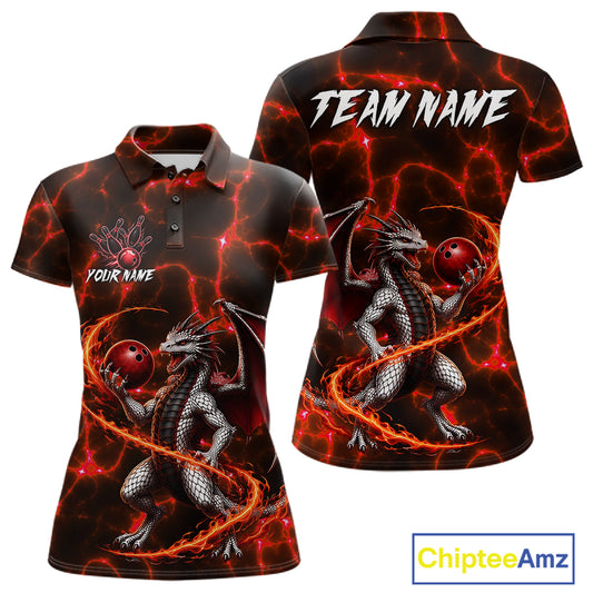 Red Lightning Dragon Bowling Polo Shirt For Women Custom Fire Flame Bowling Team Outfits