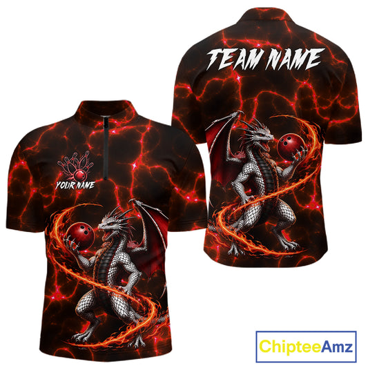 Red Lightning Dragon Bowling 1/4-Zip Shirt For Men Custom Flame Bowling Team Outfits