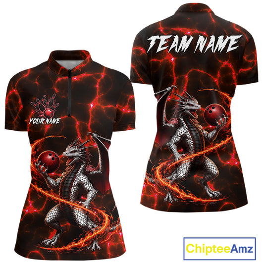 Red Lightning Dragon Bowling 1/4-Zip Shirt For Women Custom Fire Flame Bowling Team Outfits